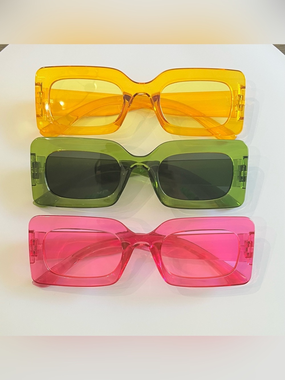 Set of 3 Rectangular Tinted Sunglasses - Yellow, Green, Pink